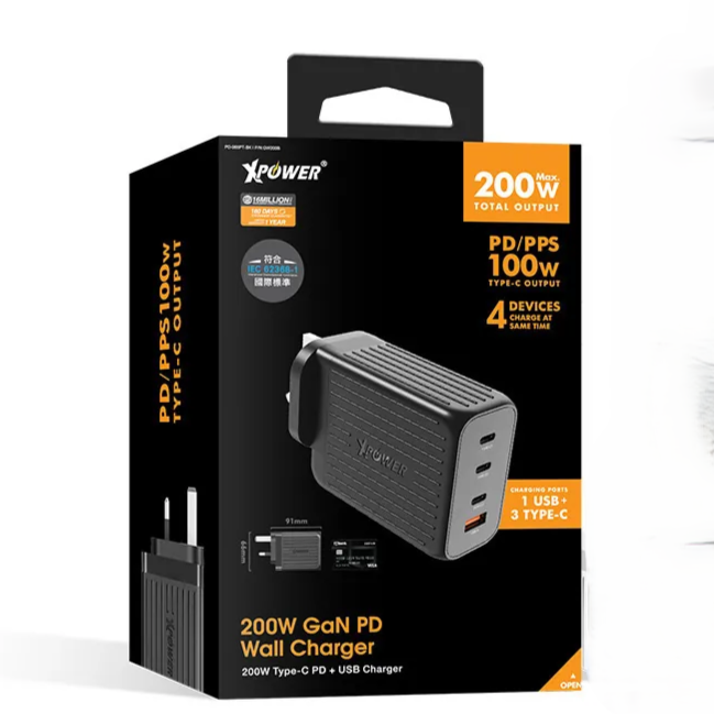XPower 200W 4 Output GaN Wall Charger - Black XPower 200W 4 Output GaN Wall Charger - Black